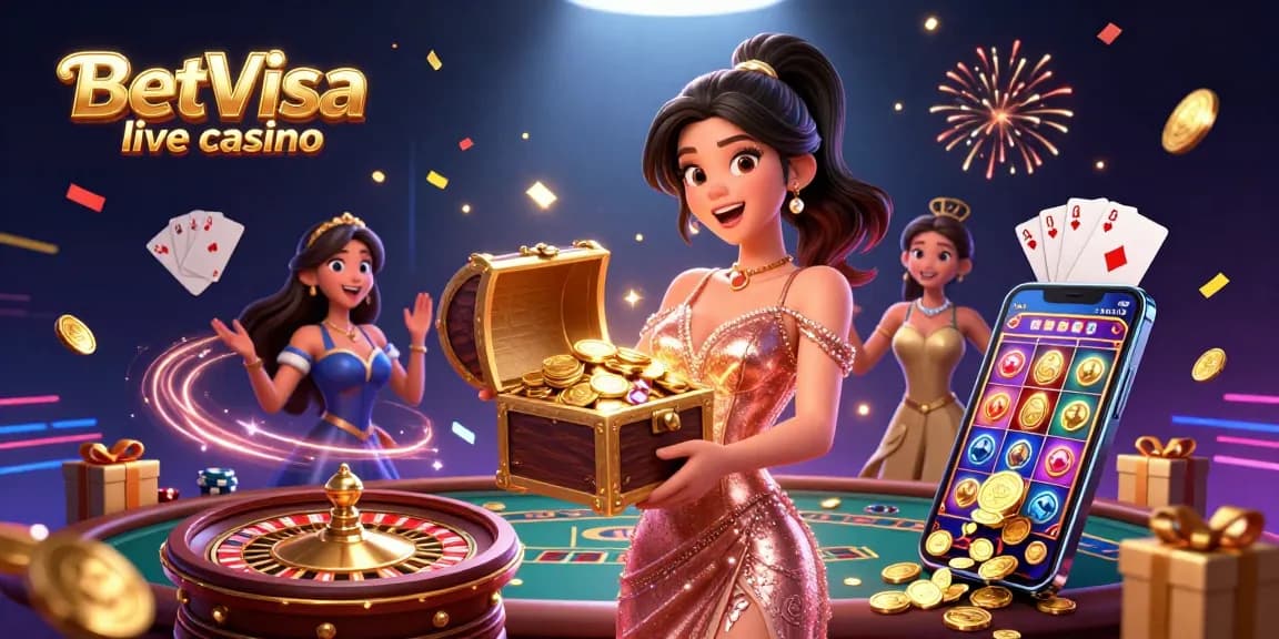 Experience the thrill of BetVisa live casino with an Asian woman celebrating with treasures and gaming elements.