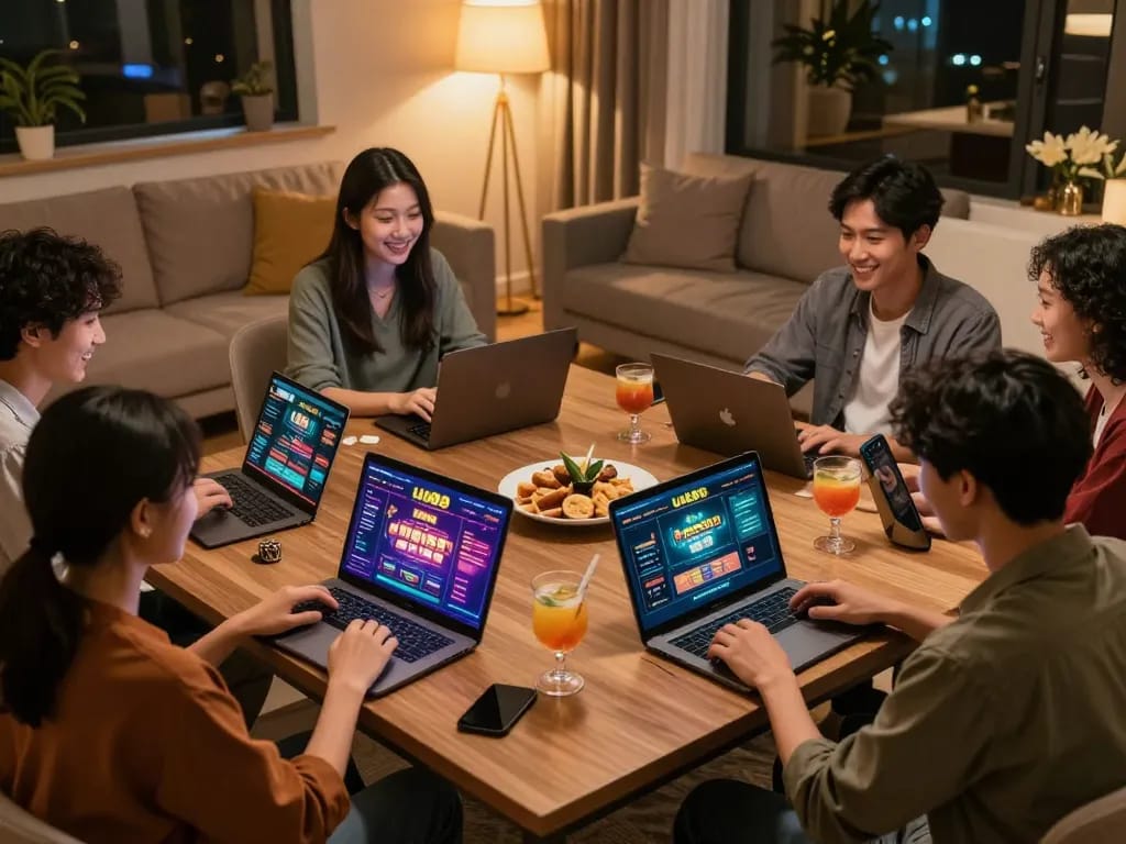 Players enjoying engaging games at uu88 casino in a cozy home setting with warm lighting