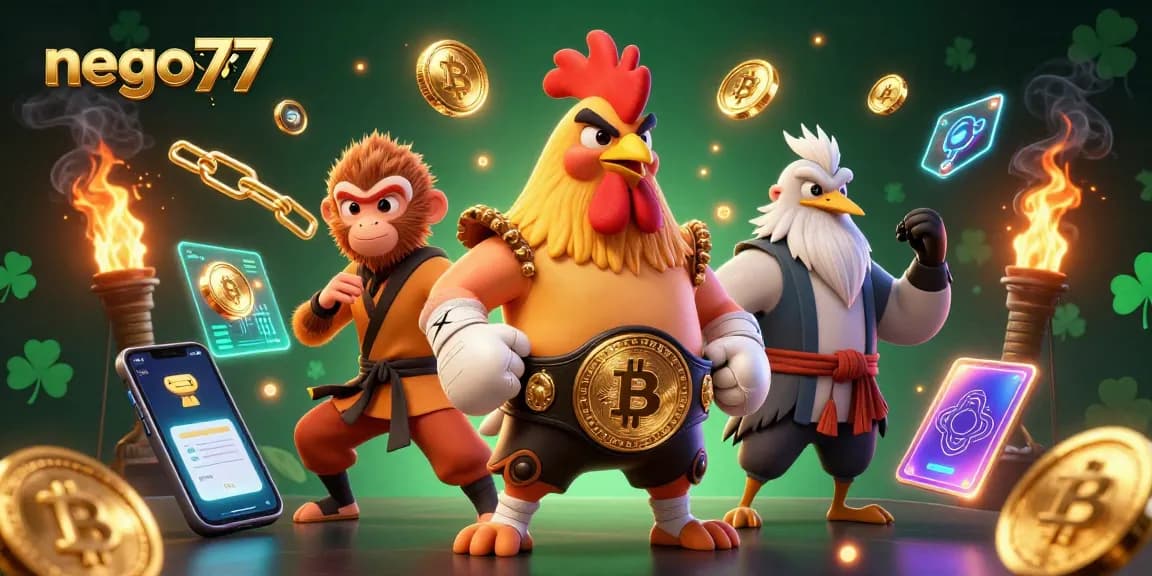 Engage with nego77 in this vibrant 3D casino scene showcasing festive characters and digital cryptocurrency elements.
