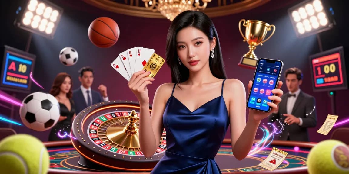 Engage with striking rokok88 casino experiences as a confident woman showcases her betting prowess with a smartphone and golden chip.