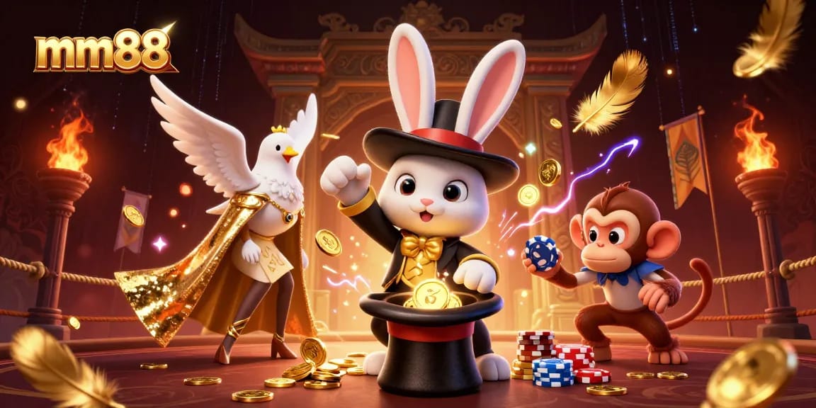 Engage with mm88 through an exciting 3D casino scene featuring a magician rabbit and playful characters.