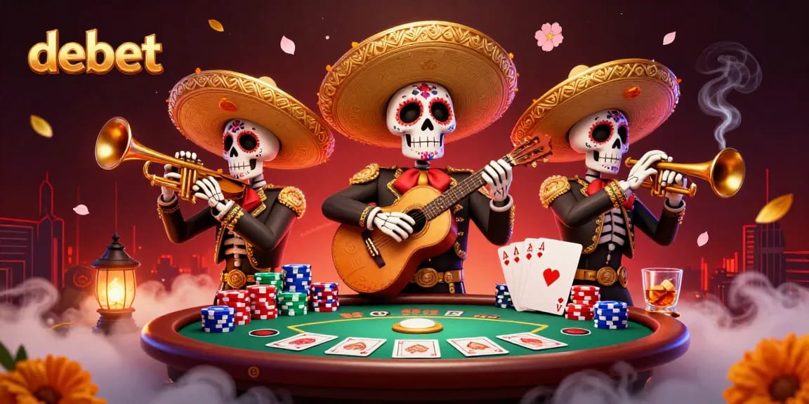 Engage with debet gaming action as colorful mariachi skeletons play at a vibrant poker table.