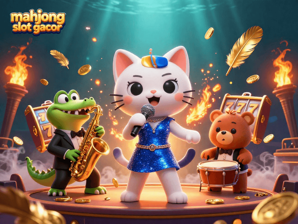 Engage with mahjong slot gacor in this dynamic casino illustration featuring cartoon characters and gaming elements.