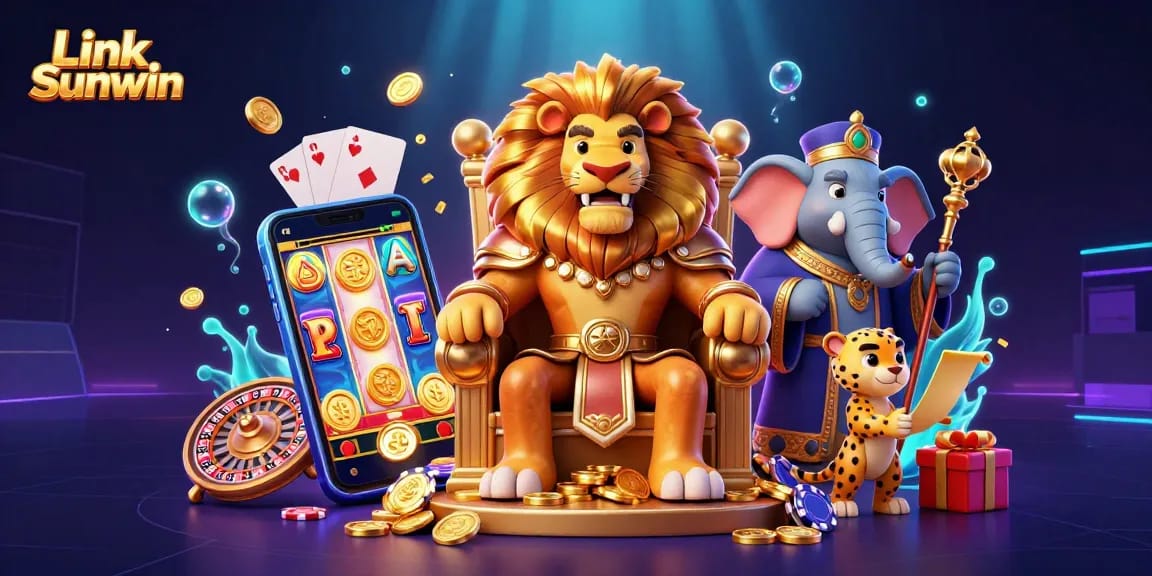 Engage with Link Sunwin, where a lion king, elephant advisor, and cheetah messenger showcase vibrant casino elements.