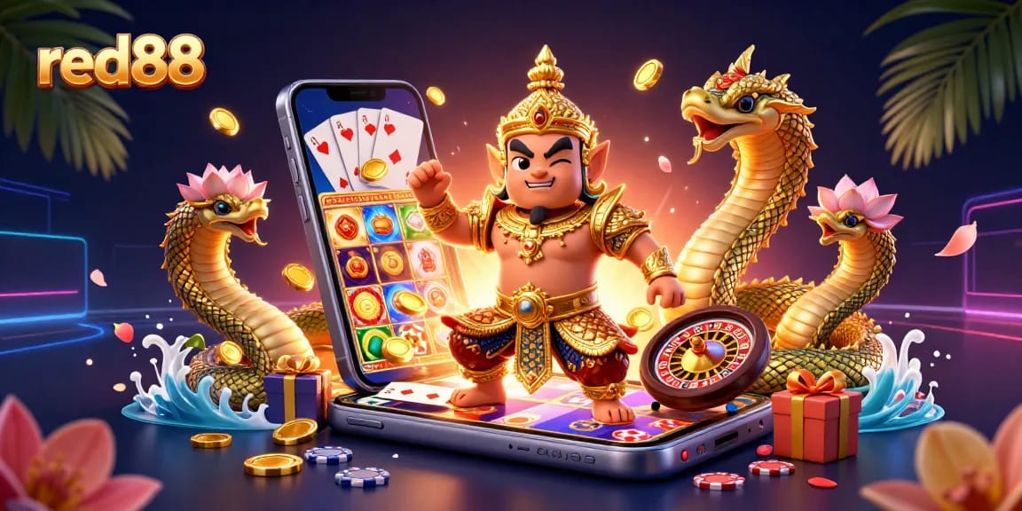 Play exciting slot games at red88, with a vibrant scene full of neon colors and casino elements.
