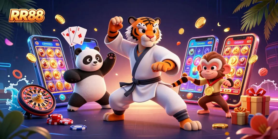 Engage with RR88's vibrant gaming world featuring a kung fu tiger and playful panda amidst exciting slot games and rewards.