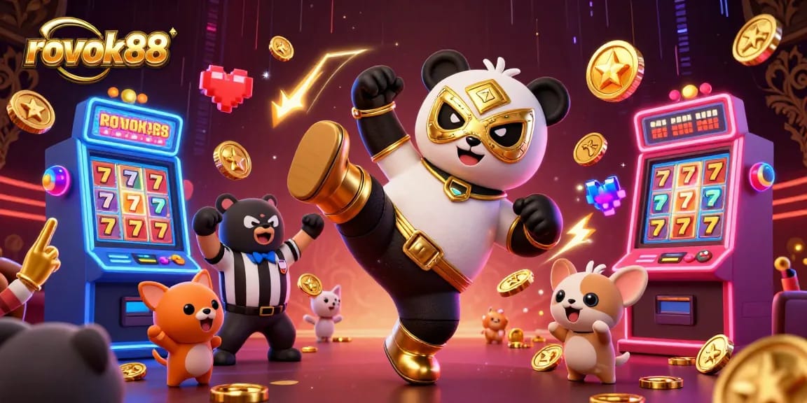Experience thrilling action with rokok88 as a panda wrestler performs in a vibrant casino setting.