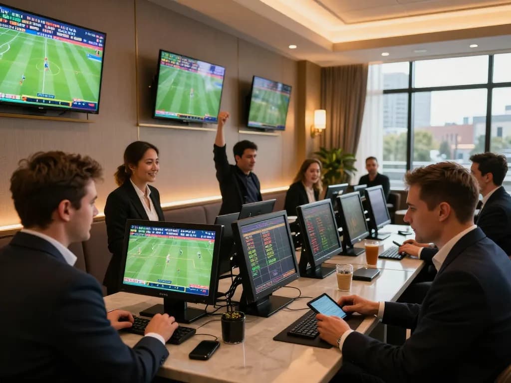 Kèo nhà cái betting interaction at a dynamic sports lounge with bettors engaging and analyzing odds