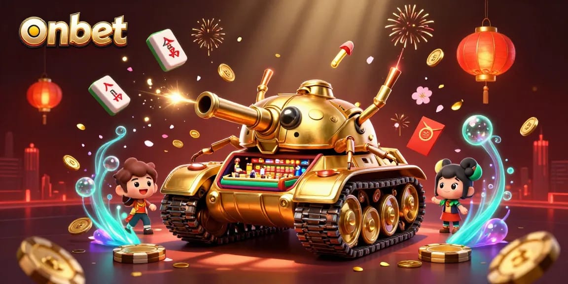 Experience the excitement of onbet with a vibrant 3D casino scene bursting with life and gaming elements.