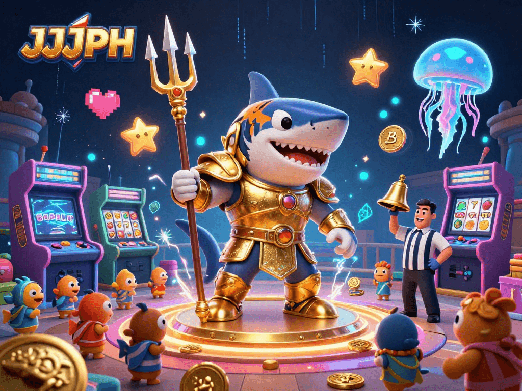 Play interactive games in a vibrant casino scene with JJJPH branding and animated elements.