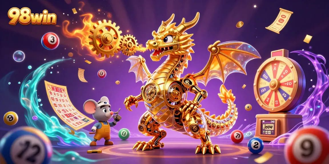 Join the excitement at 98win with dynamic lottery and gaming scenes, showcasing vibrant prizes!