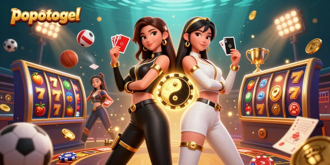 Engage with popotogel's thrilling slot reels and rich gaming experience in this dynamic illustration.
