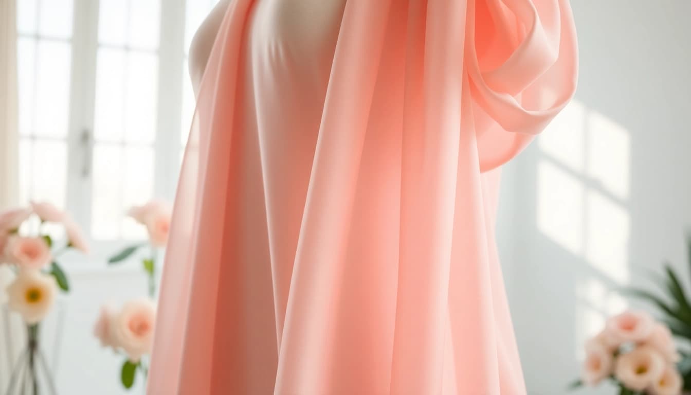 Chiffon stof prachtig gedrapeerd op een mannequin in een lichte studio.