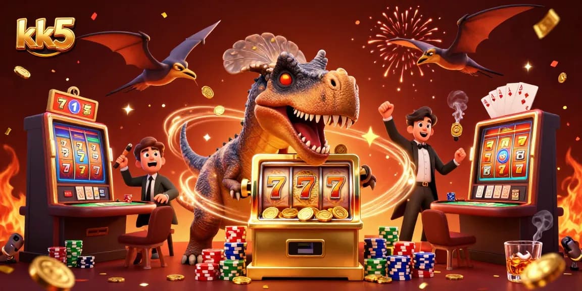 kk5 enhances the gaming experience with a cartoon dinosaur hitting a slot machine for jackpot wins