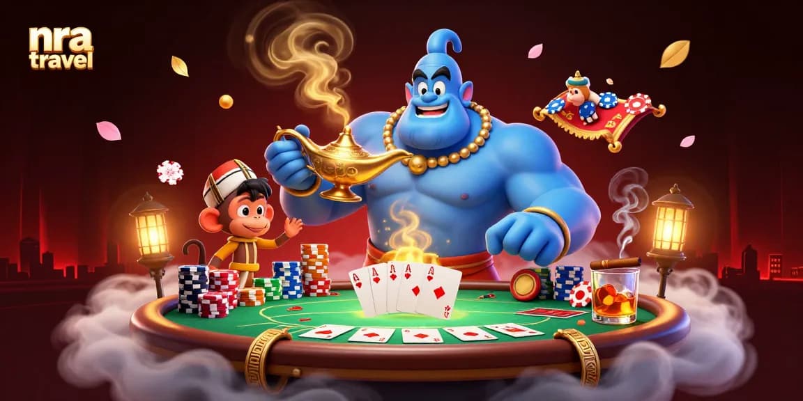 This vibrant scene showcases nra travel with a genie, poker chips, and a swirling magic carpet, perfect for casino enthusiasm.