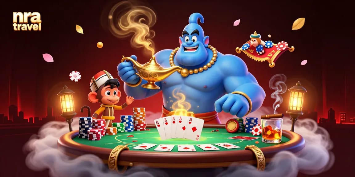 This vibrant scene showcases nra travel with a genie, poker chips, and a swirling magic carpet, perfect for casino enthusiasm.