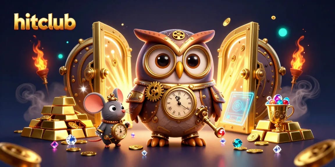 Experience thrilling gameplay at hitclub with a vibrant 3D casino scene featuring an owl, mouse, gold, and jewels.