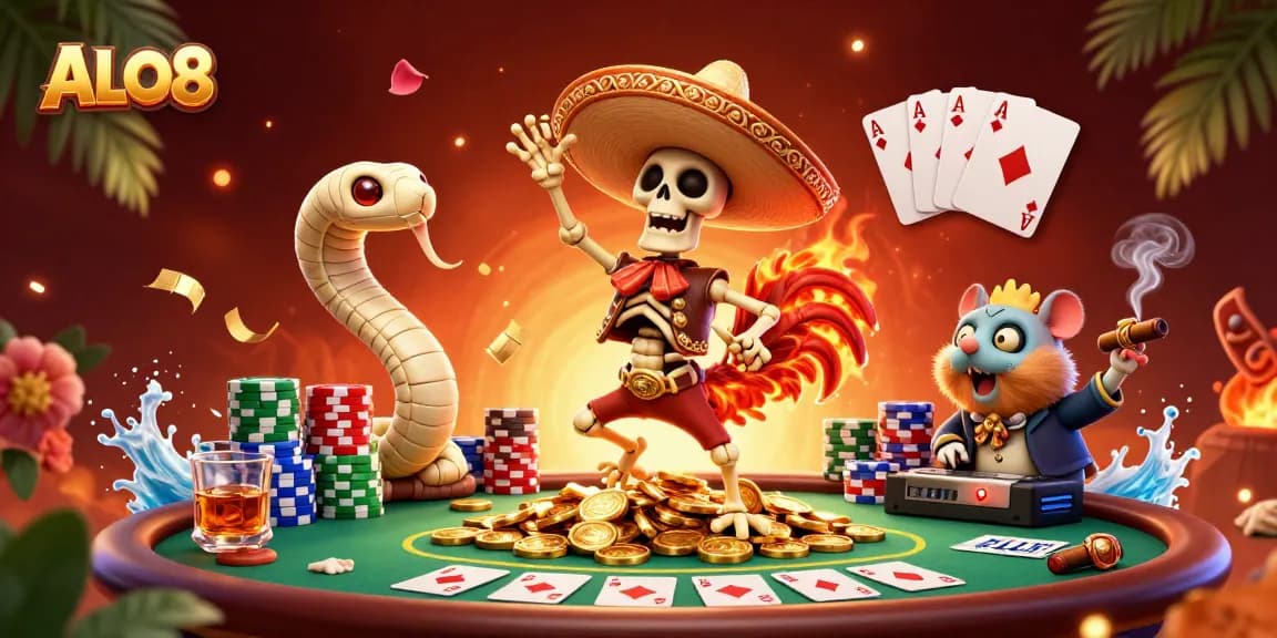 Experience the excitement of ALO8 with a vibrant casino scene showcasing energetic characters and dynamic games.