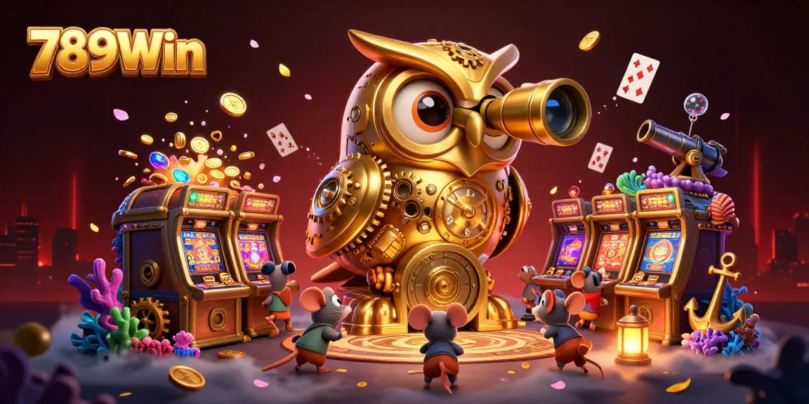 Join the thrill of gambling at 789Win with a vibrant scene featuring a clockwork owl and dazzling casino elements.