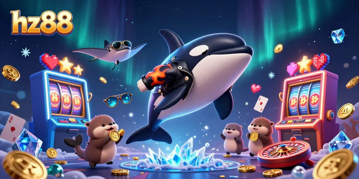 Seamlessly immerse in the vibrant world of hz88, where a playful orca, stingray, and otters enjoy an exciting casino adventure.