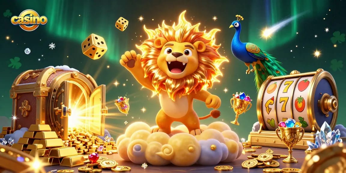 Explore a vibrant casino scene with a roaring sun lion and golden symbols