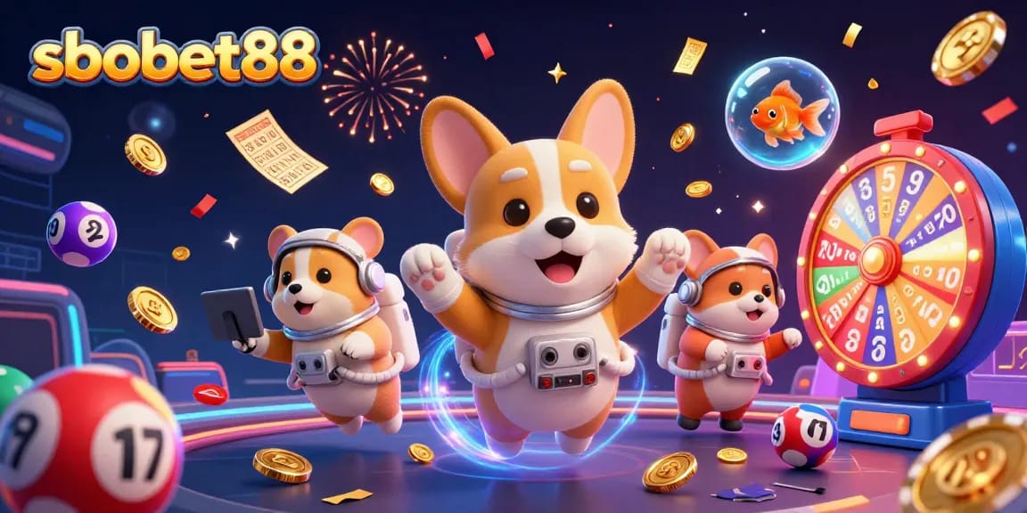 SBOBET88 engages players with a colorful zero-gravity casino scene, showcasing vibrant lottery elements.