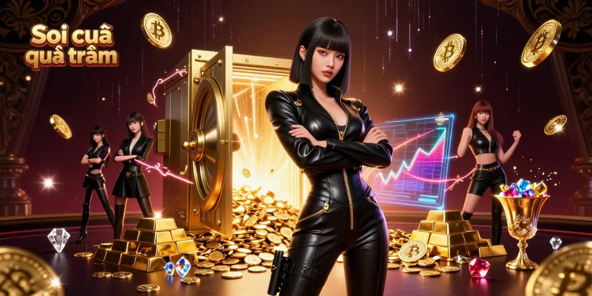 Soi cầu quả trám - A stunning Asian woman in a casino setting analyzing winning strategies with glimmering gold elements.