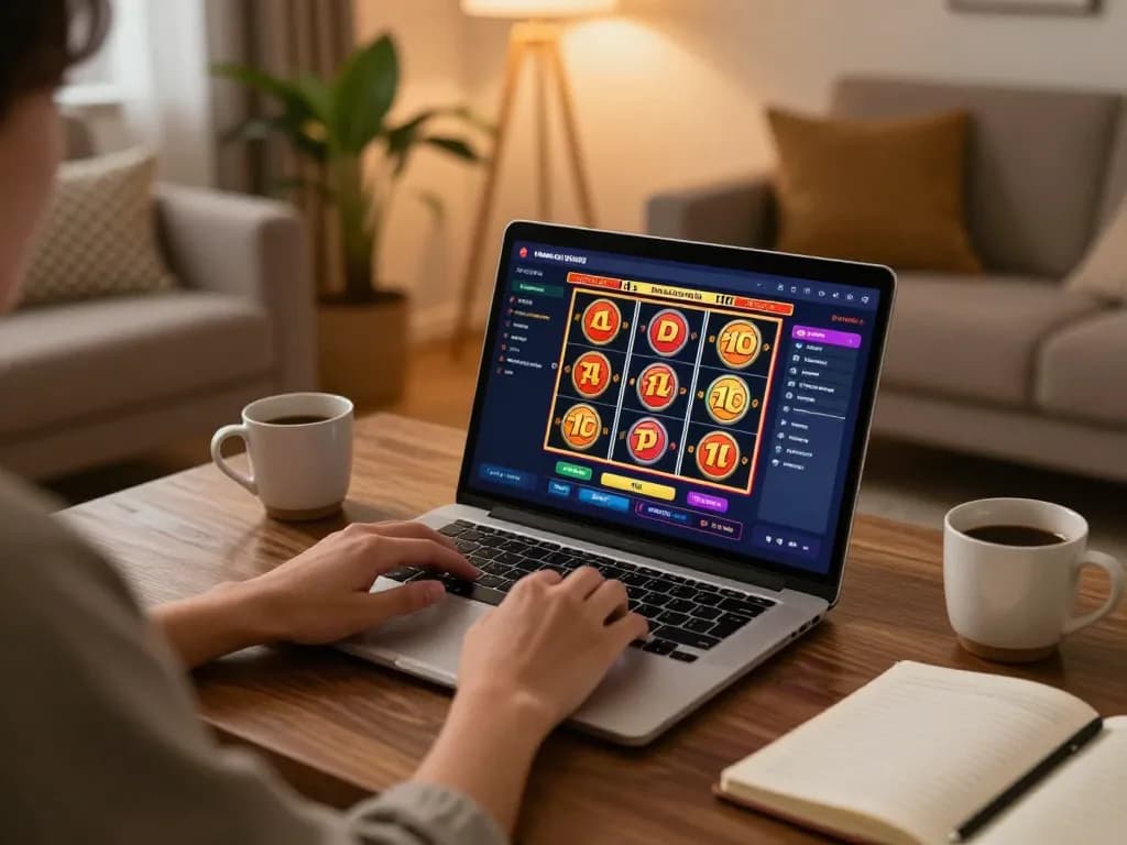 Player interacting with 58wiin online slots in a cozy living room, showcasing strategic engagement.