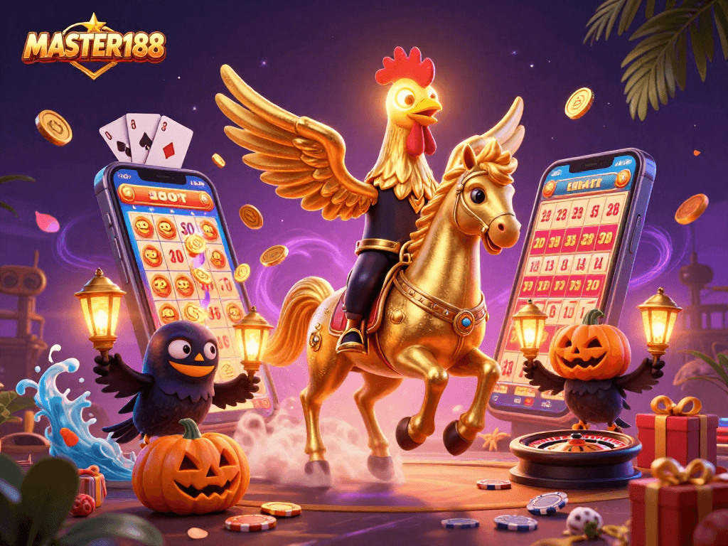 Experience the thrill of MASTER188 lottery with a captivating scene of a golden rooster in a vibrant casino.
