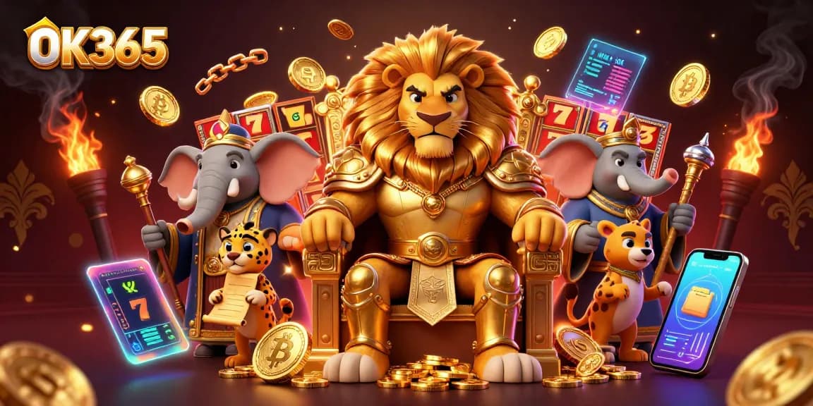 Spin the reels of OK365's vibrant slots with a rich 3D illustration featuring a lion king, elephant advisor, and cheetah messenger.