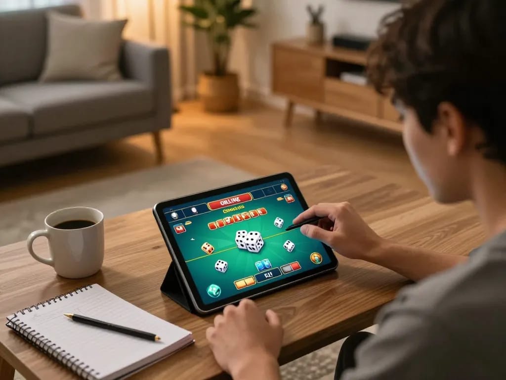 Tai Xiu online gameplay on tablet, showcasing strategic dice rolls and cozy home environment for taixiuonlinego experience.