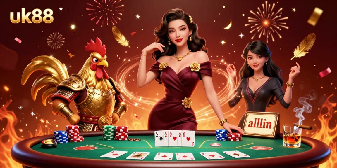 Engaging illustration of uk88 showcasing poker action with glamorous woman and golden rooster in a casino setting.