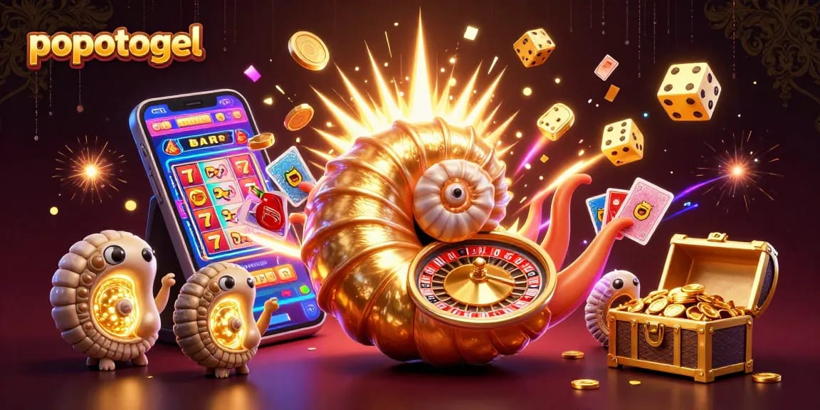 Experience exciting gameplay at popotogel with a vibrant 3D casino scene featuring slot machines, roulette, and golden coins.
