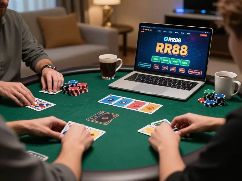 Players enjoying online poker on RR88, showcasing cards and chips in a cozy home setting.