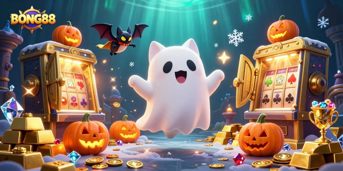 BONG88 brings excitement as a ghost cat and bat explore a haunted casino filled with treasures.