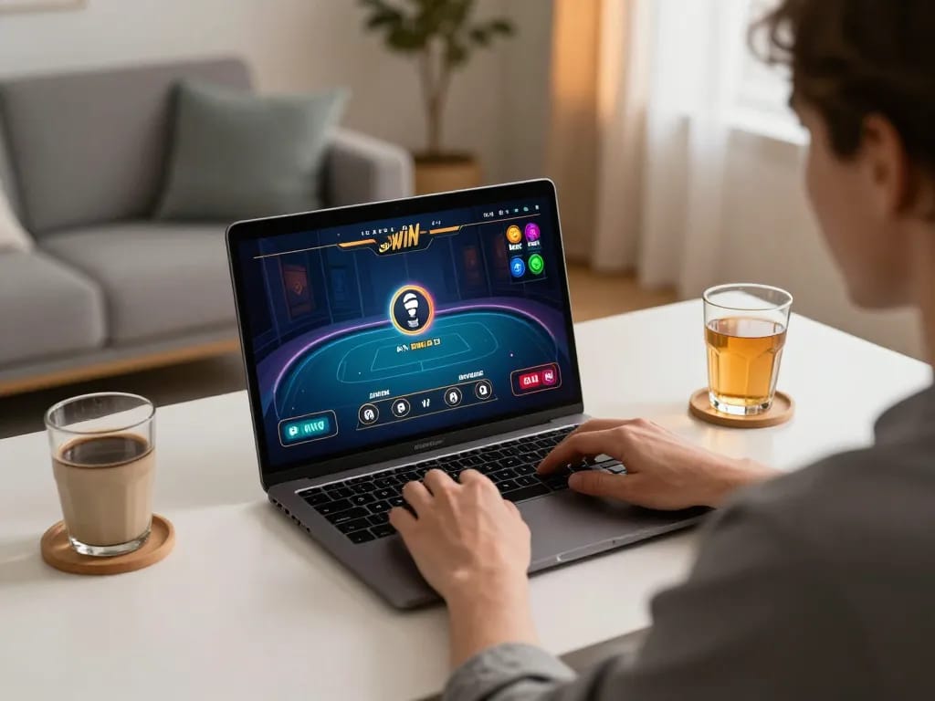 SUN WIN player engaging in a live dealer game on laptop, showcasing a cozy gaming setup with strategic focus.
