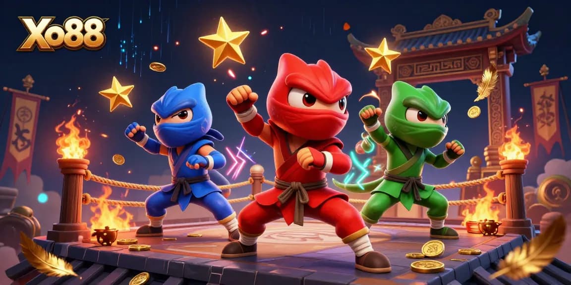 Xo88 showcases a dynamic 3D ninja chameleon clash on a rooftop amidst golden coins and smoke.