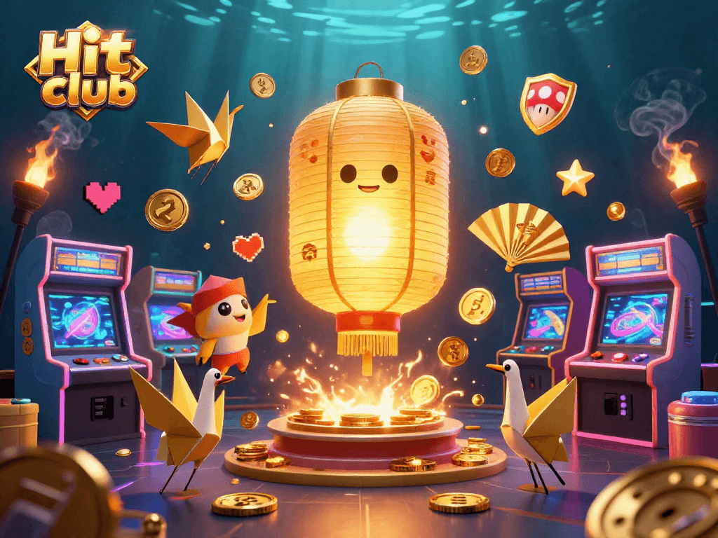 Engaging scene showcasing Hit club with a glowing golden lantern spirit and interactive arcade game elements in a vibrant casino setting.