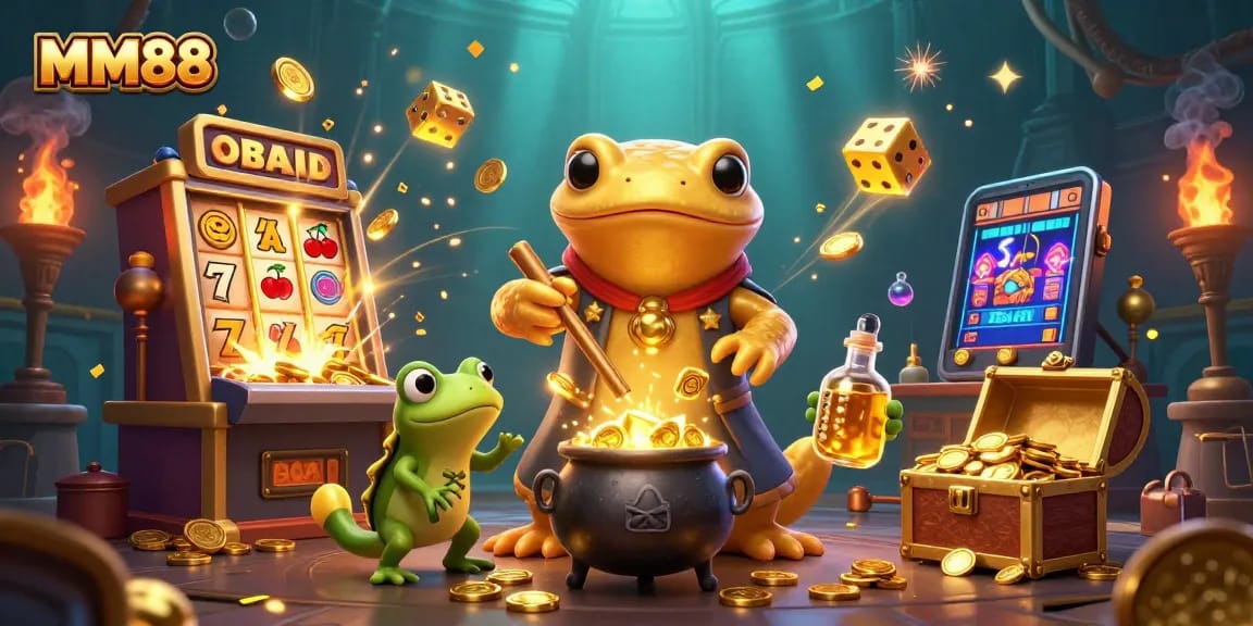 MM88 showcases a golden alchemist amidst a treasure-filled casino, capturing the essence of winning.