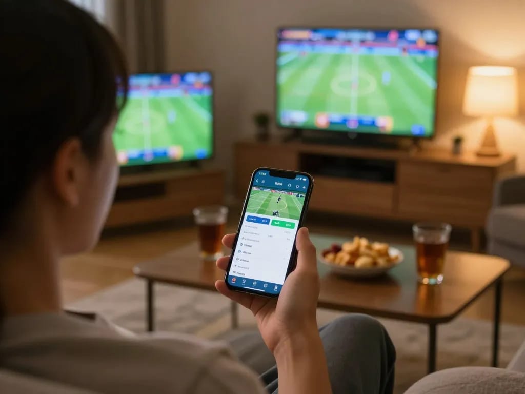 Betting with Sun Win app on smartphone in a lively home sports viewing atmosphere