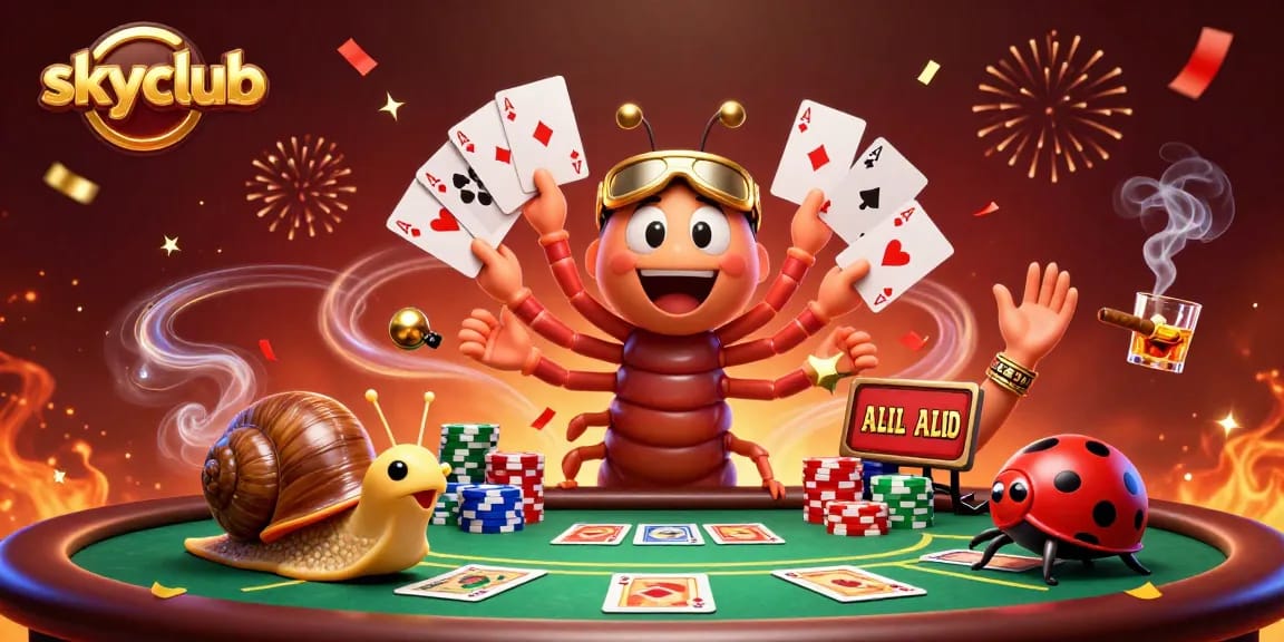 Experience thrilling gameplay at skyclub with a vibrant scene of dealers and high-rollers surrounded by poker elements.