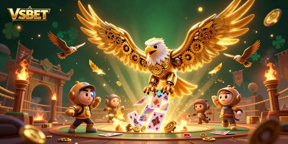 Experience thrilling gameplay with VSBET's cybernetic eagle soaring through dynamic holographic cards, showcasing exciting features.