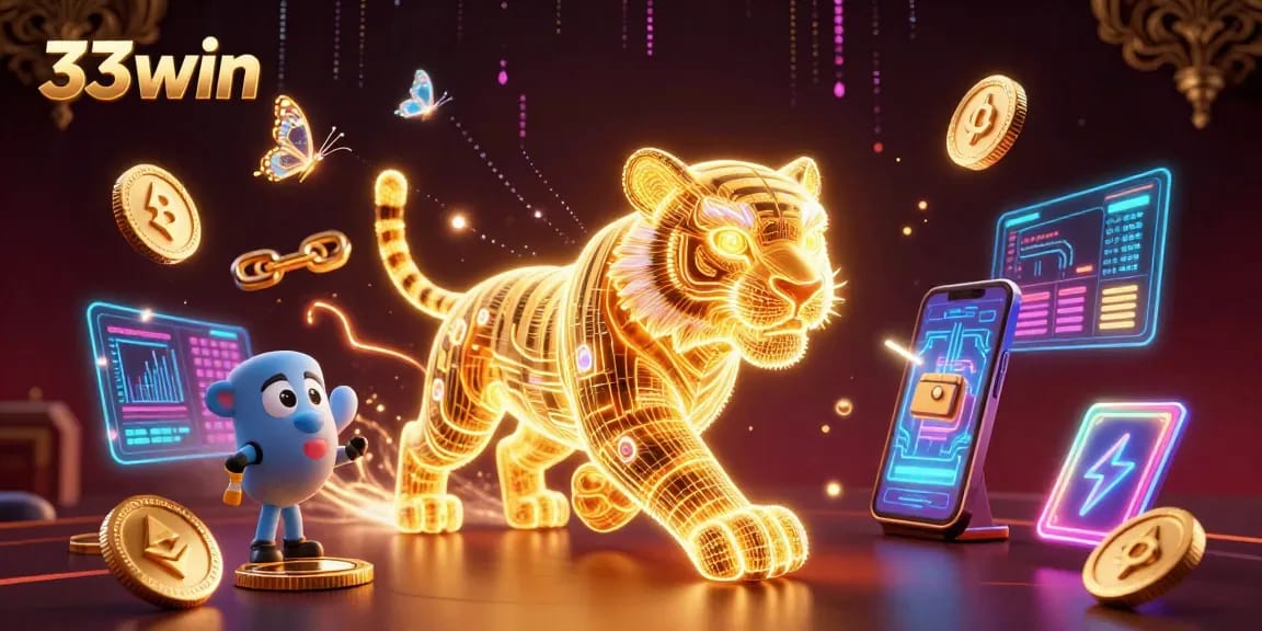Experience the immersive world of 33win with dazzling neon visuals and crypto elements in this stunning 3D illustration.