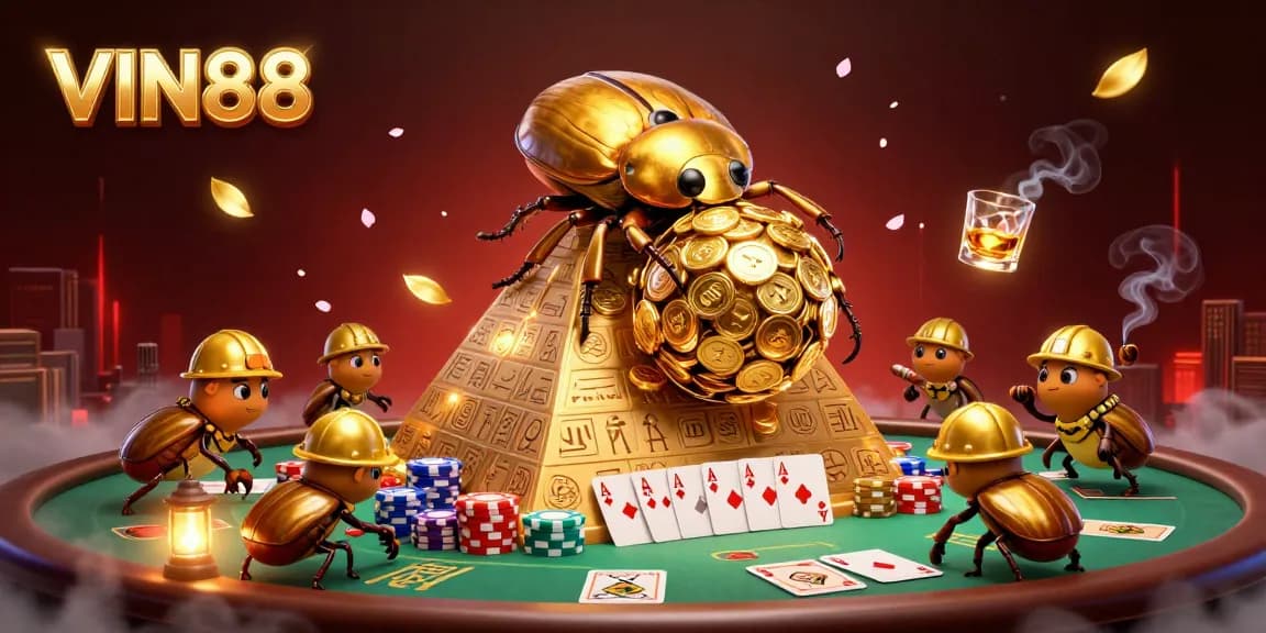 Experience the excitement of VIN88 casino with golden beetles and dynamic gaming elements.