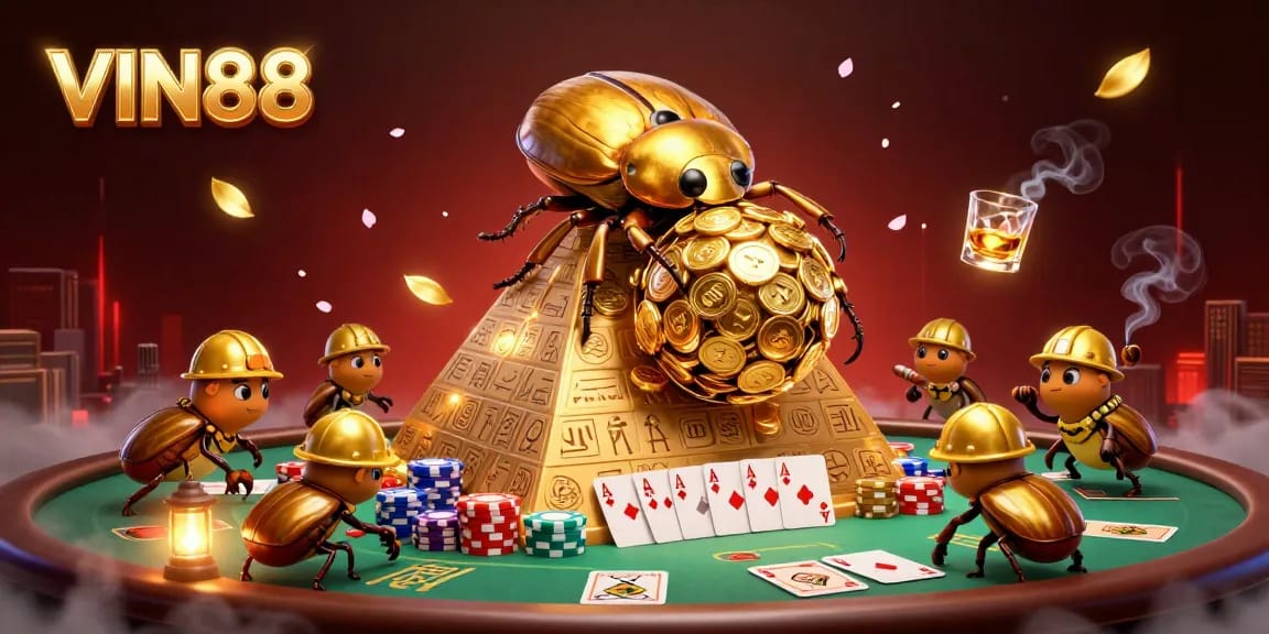 Experience the excitement of VIN88 casino with golden beetles and dynamic gaming elements.
