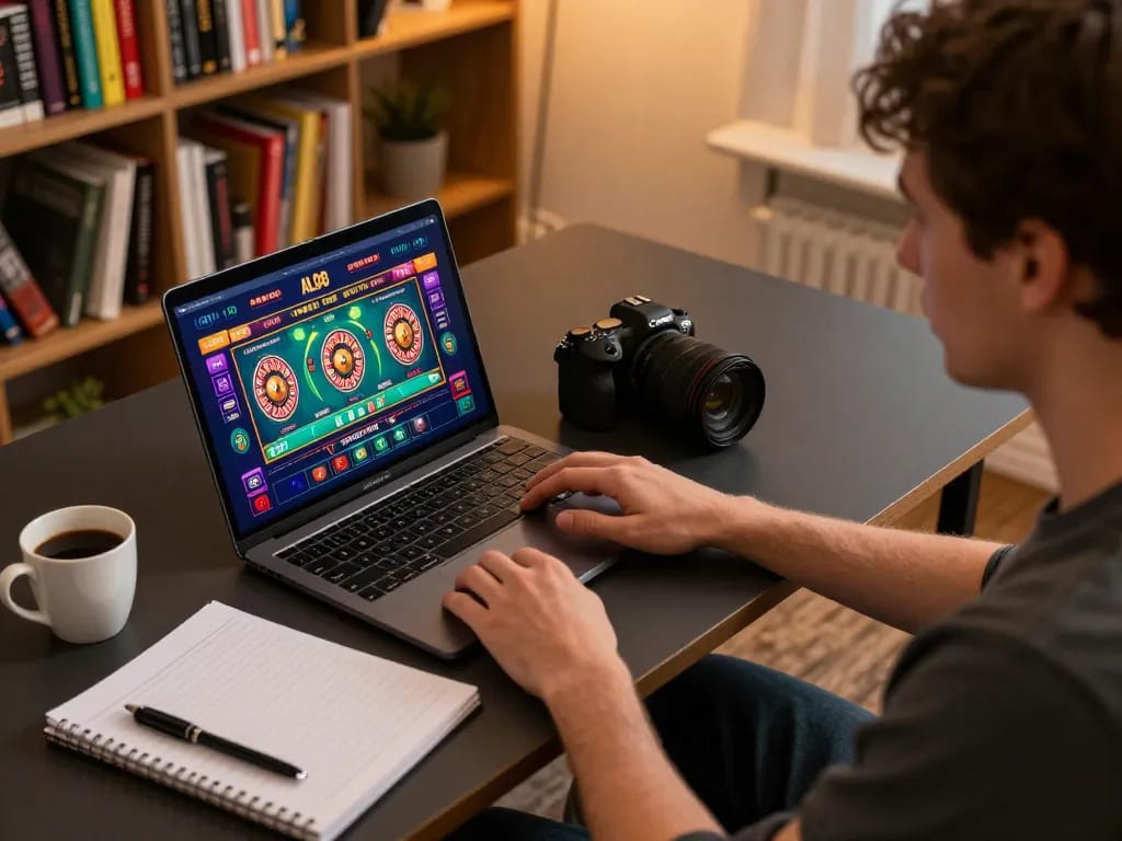Engaged player on ALO8 platform using laptop for online casino gaming with vibrant graphics and warm atmosphere