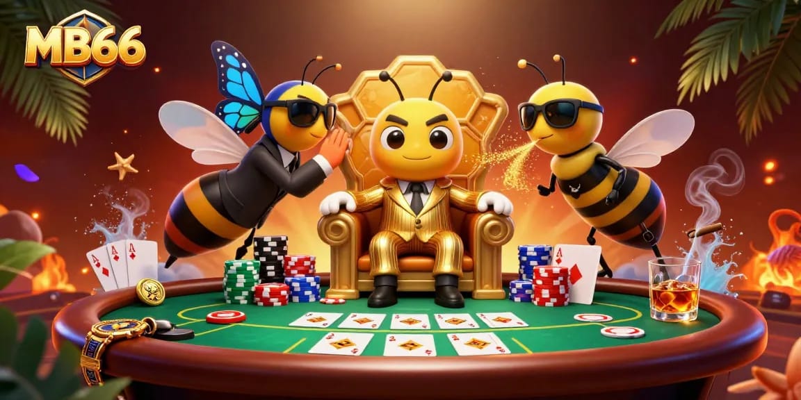 Experience high-stakes action at MB66’s poker table with a cartoon mob boss and themed game elements.