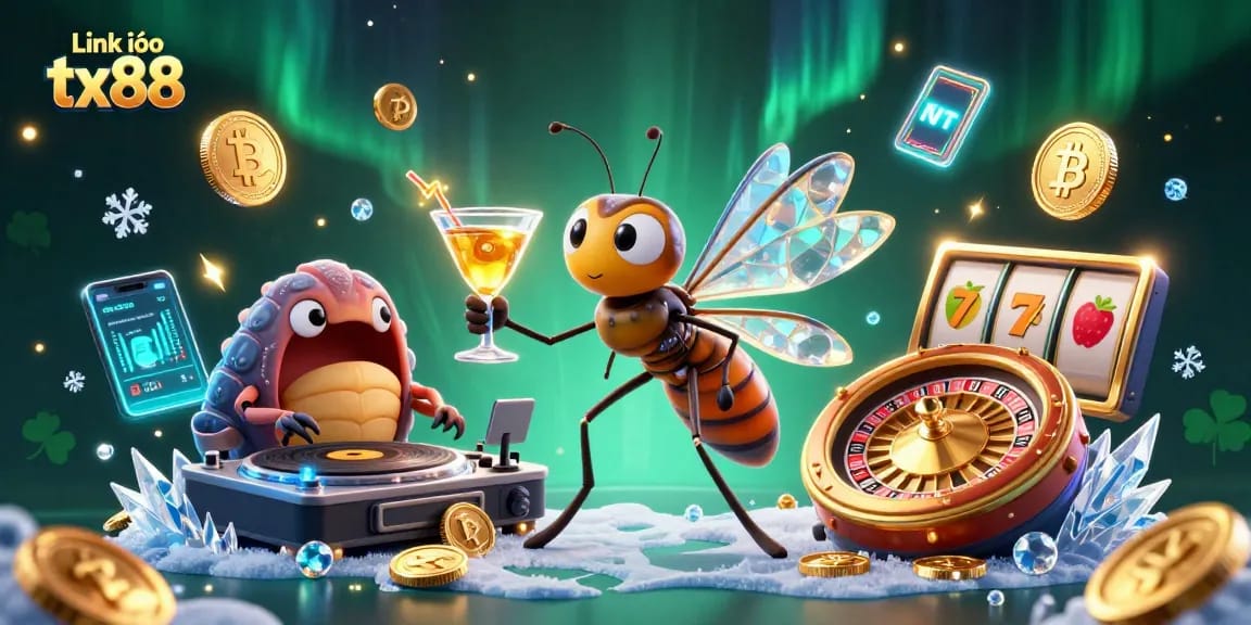 Link vào tx88 showcases a lively casino scene with vibrant characters and crypto elements.