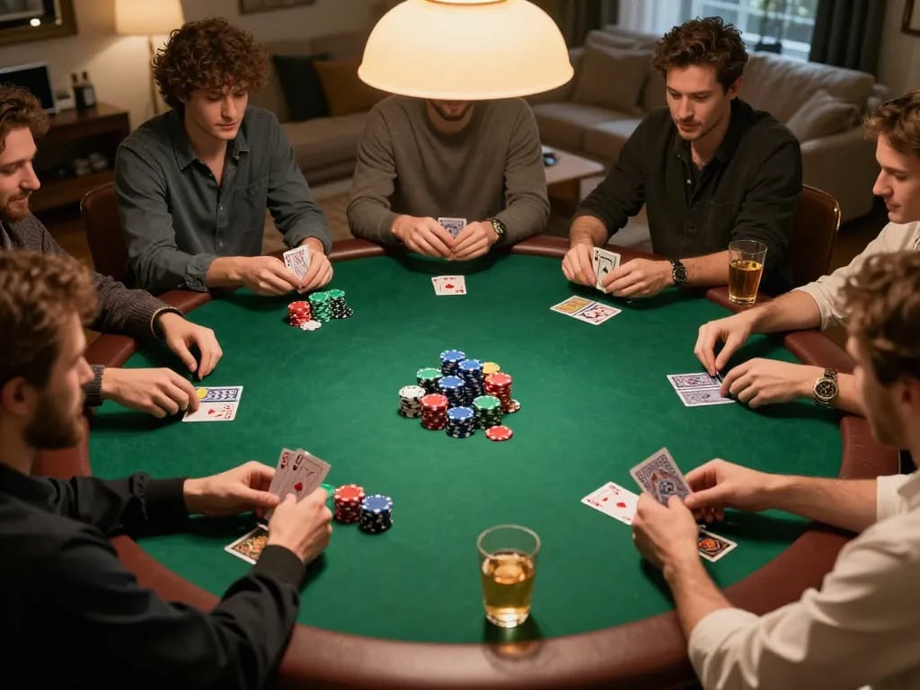 Kicking off a private poker night as players analyze keluaran hk cards, chips stacked, and drinks ready.