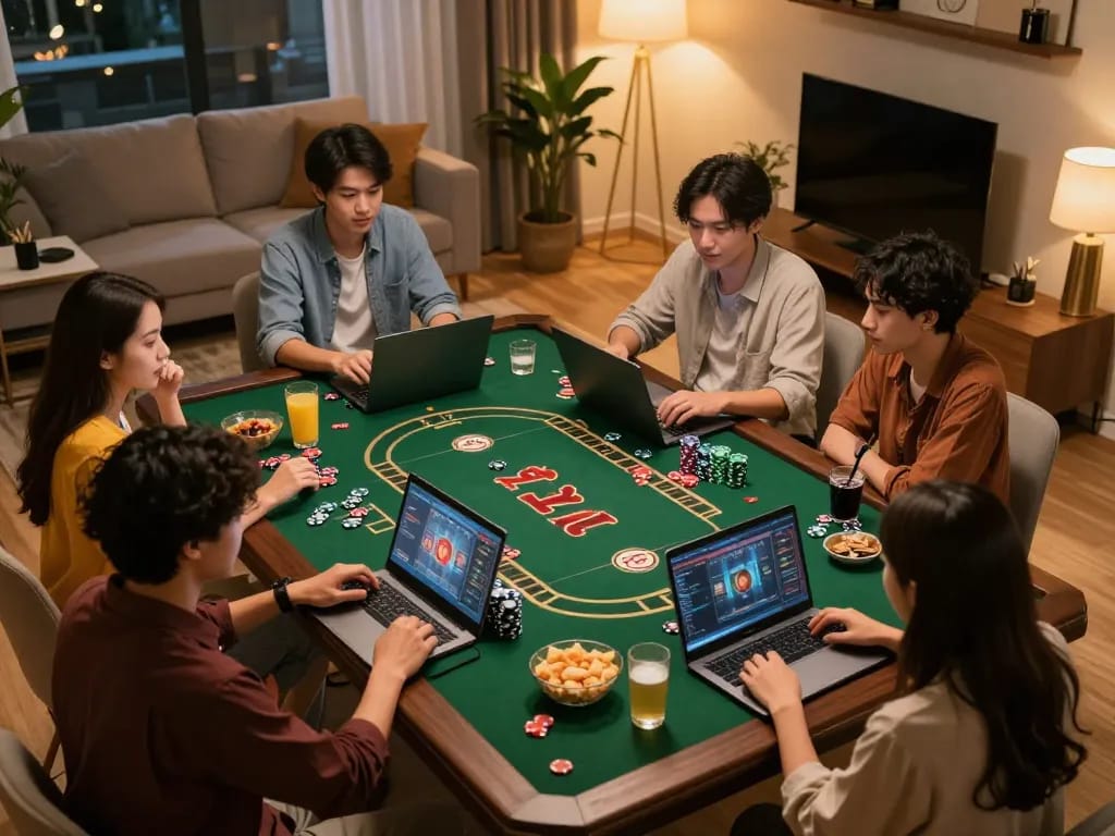 Friends enjoying a Tài Xỉu game online at home using taixiuonline8, with laptops and snacks on a cozy table.